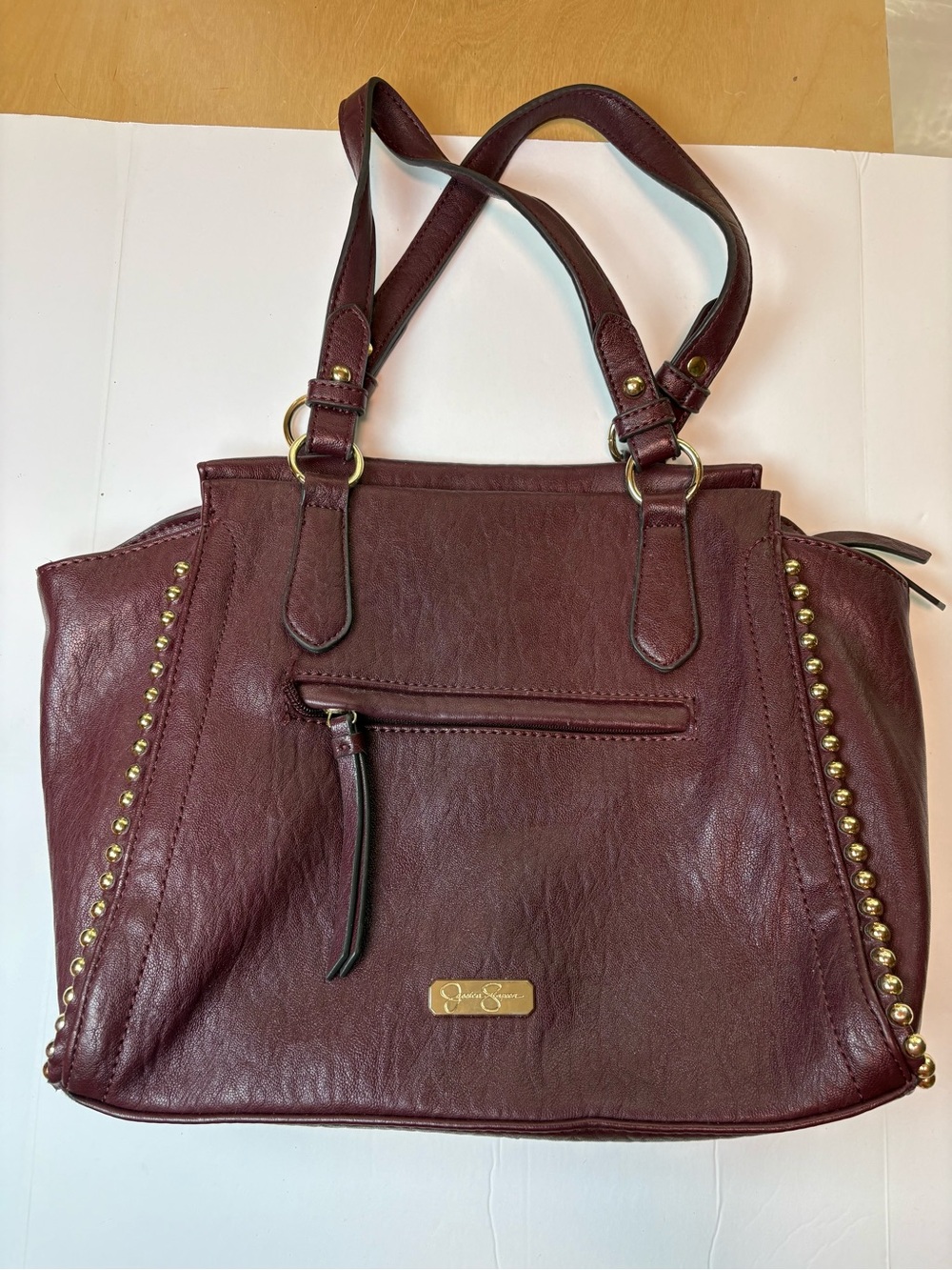Jessica Simpson Camille Boho Handbag Burgandy Wine Color with Gold Accents
